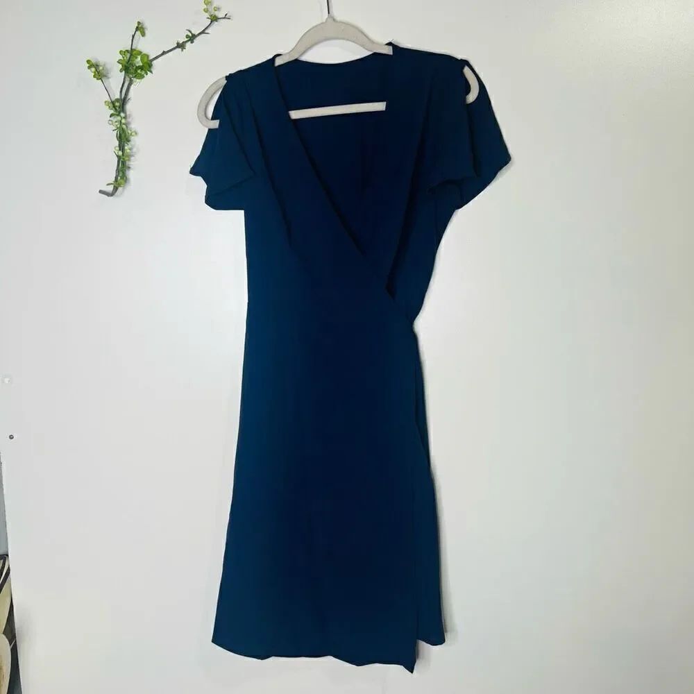 SHEIN Navy Blue Wrap Dress Flutter Split Short Sleeve